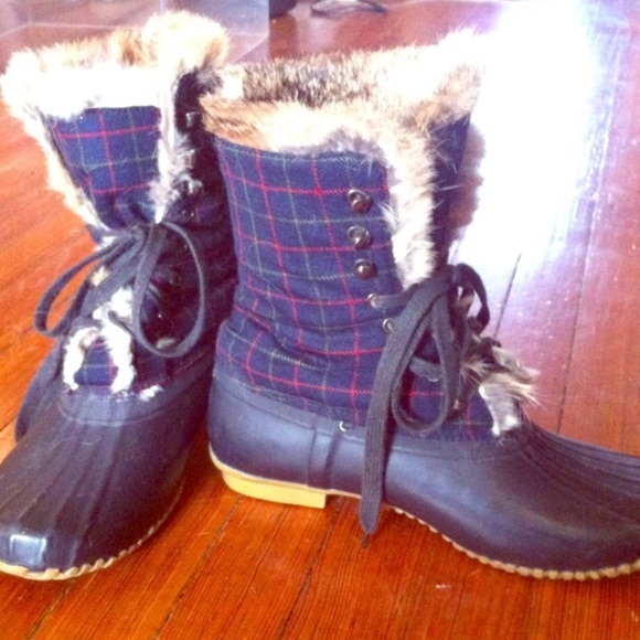 J. Crew Shoes - J. Crew plaid fox fur duck boots